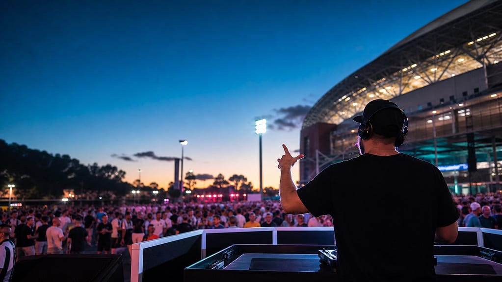 Professional DJ creating atmosphere for spectators at an Australian sporting event